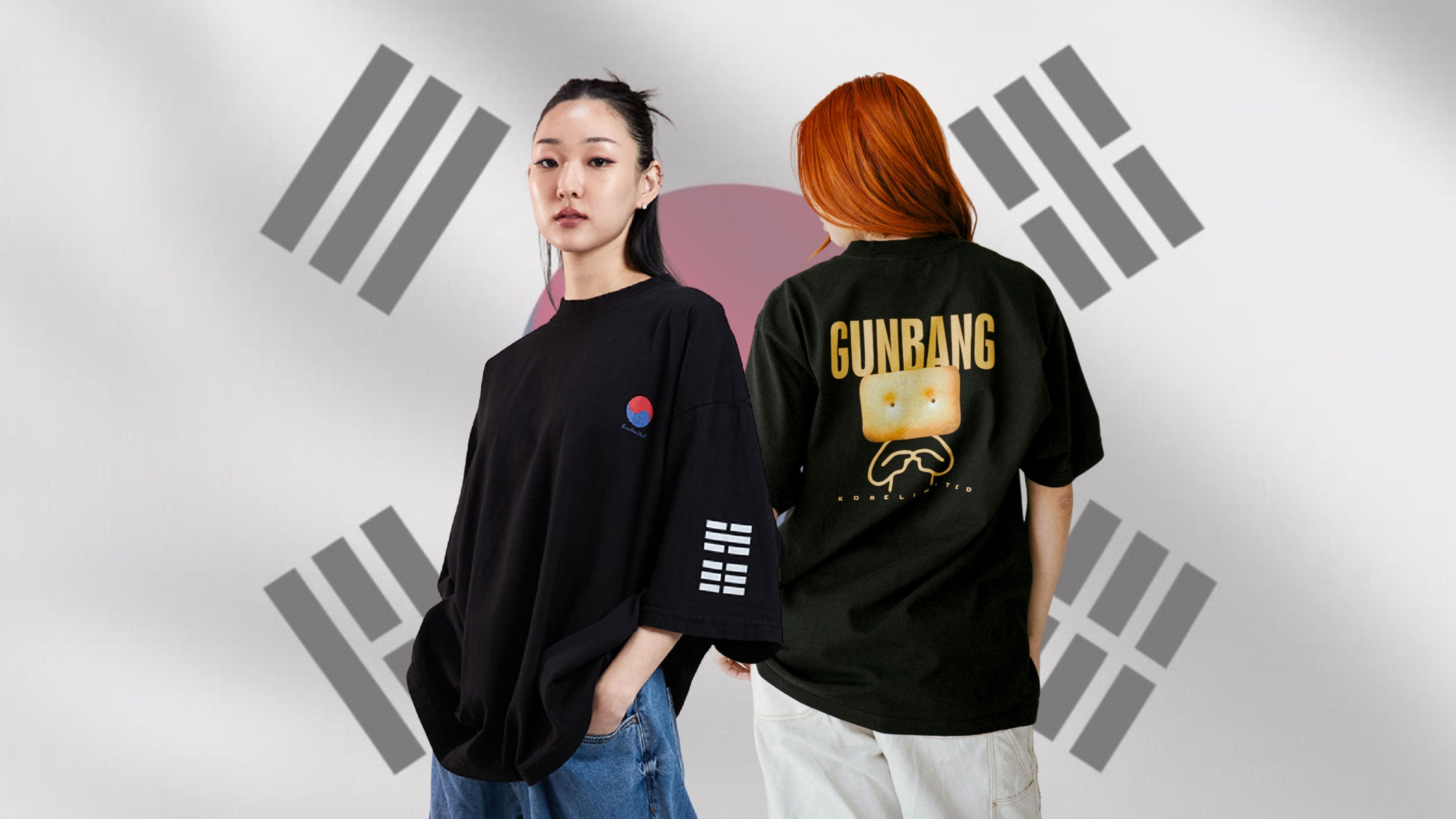 Model on left is wearing 3456 Trigram Tee in black. Model on right is wearing Gunbang Tee in black.