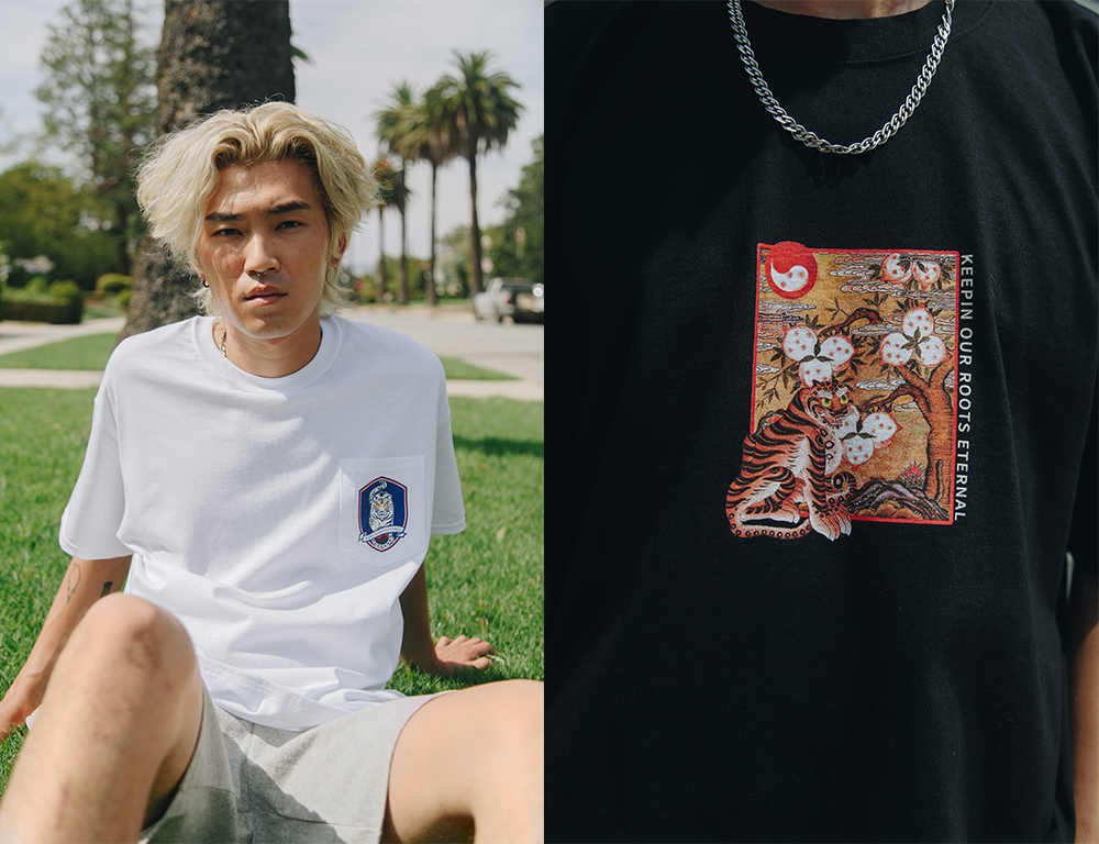 KORE Limited Tiger Football Tee in White and Tiger Box Tee in Black