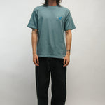 Person wearing a teal t-shirt with a small blue dove logo on a plain background