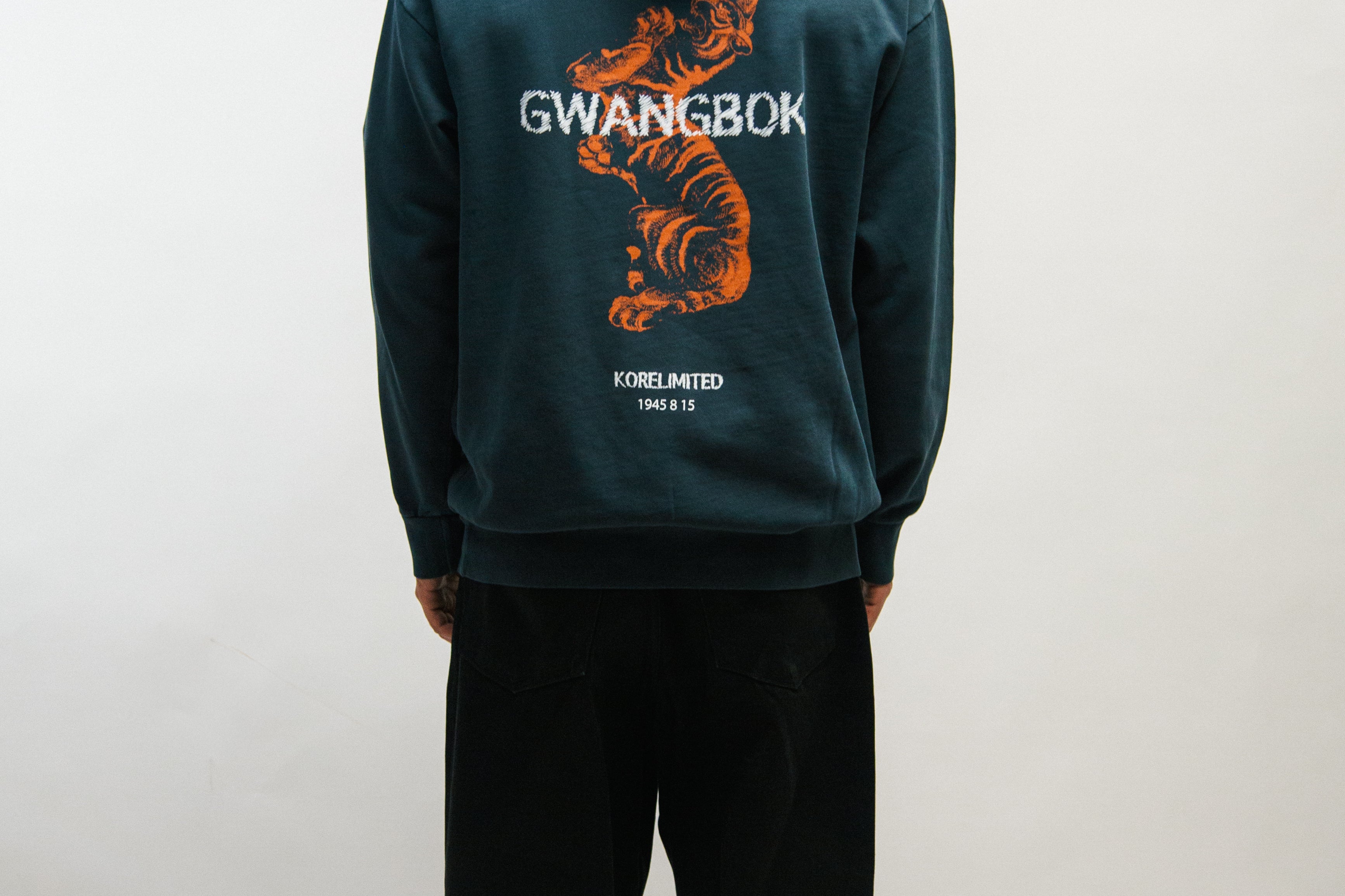 Person wearing a teal hoodie with 'GWANGBOK' branding on the back, standing against a white background.