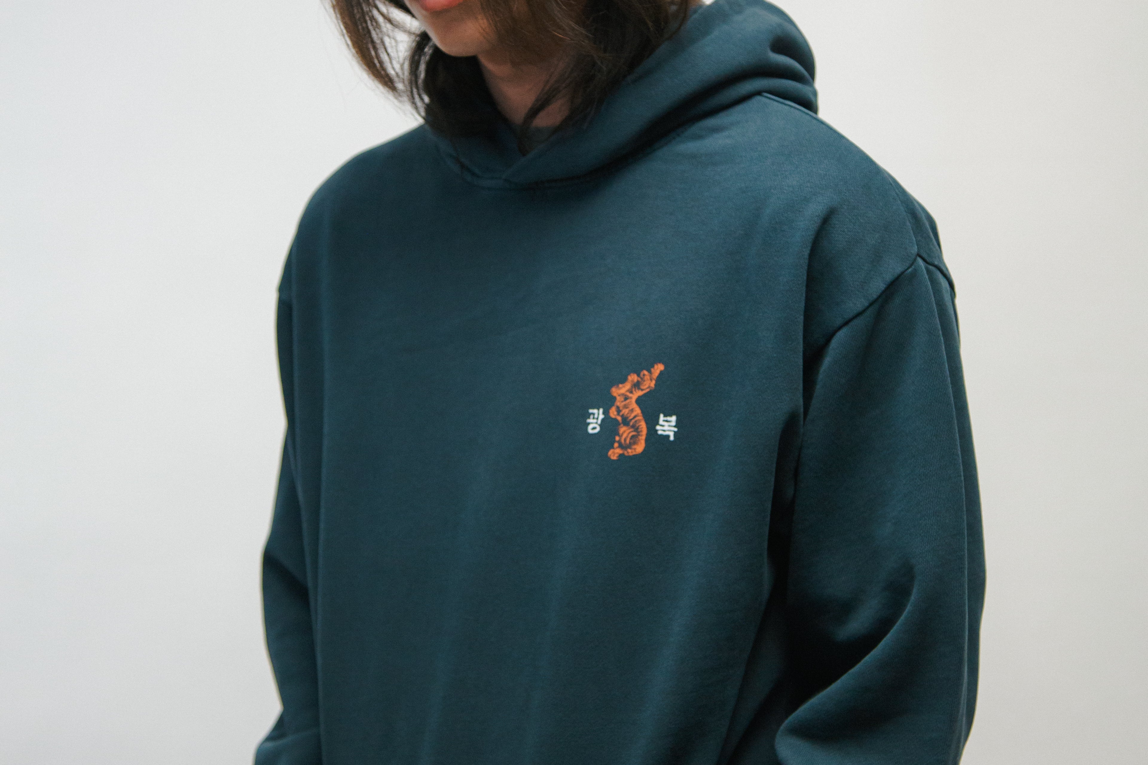 Person wearing a teal hoodie with a small Korean tiger graphic and Korean characters 광복 on a plain background