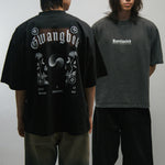 Two people wearing t-shirts with KORELIMITED and Gwangok graphics against a plain background
