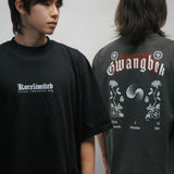 Two people wearing black drop shoulder t-shirts with front and back of KORELIMITED Gwangbok shirts.