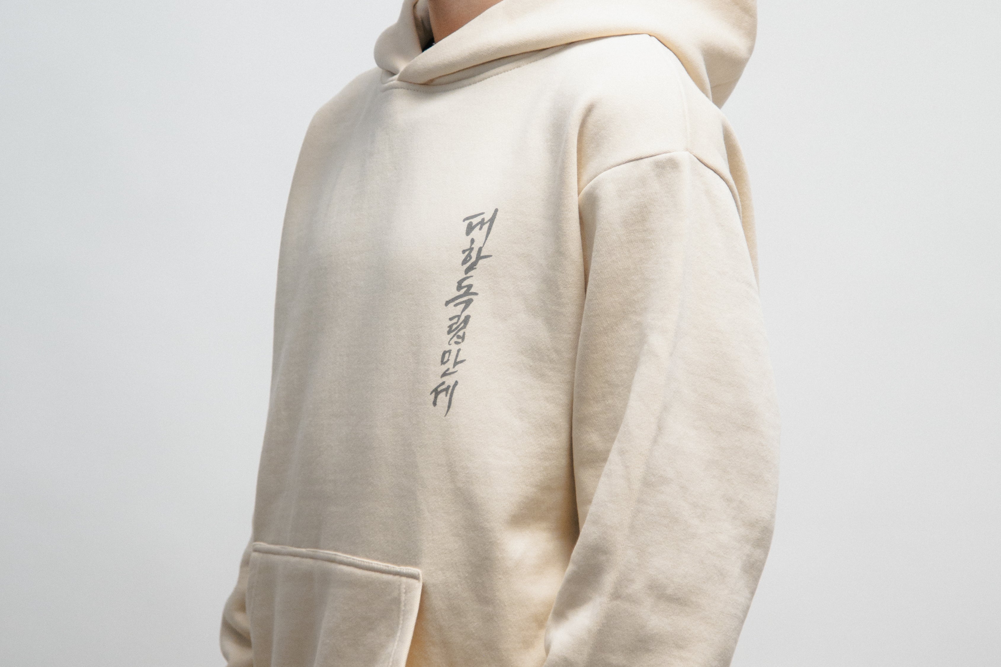 Male person wearing beige hoodie with Korean font in the front