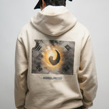 Male person wearing beige hoodie with vintage Korean flag on the back