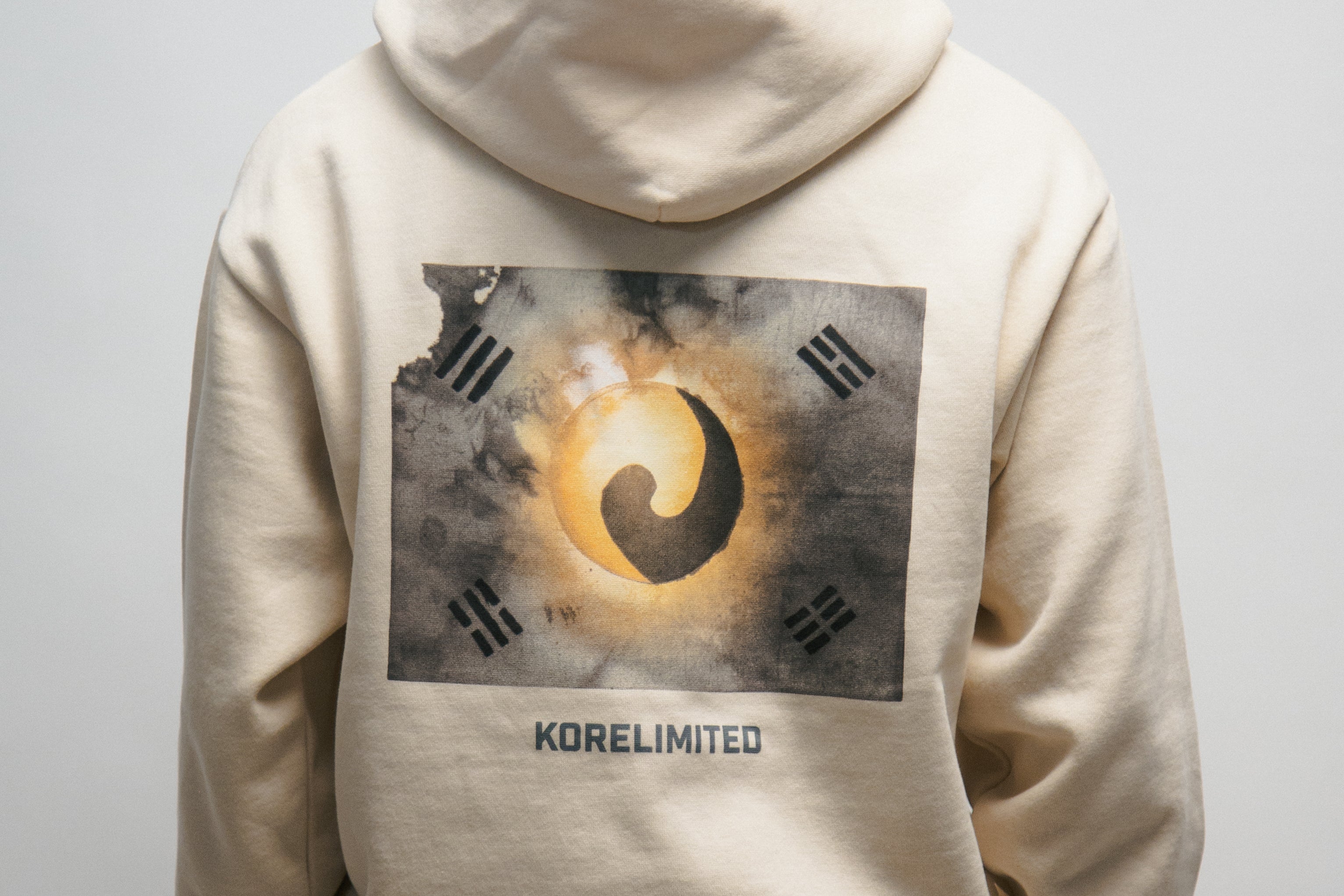 Male person wearing beige hoodie with vintage Korean flag on the back