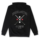 Black hoodie with Korean billiards design on the back.